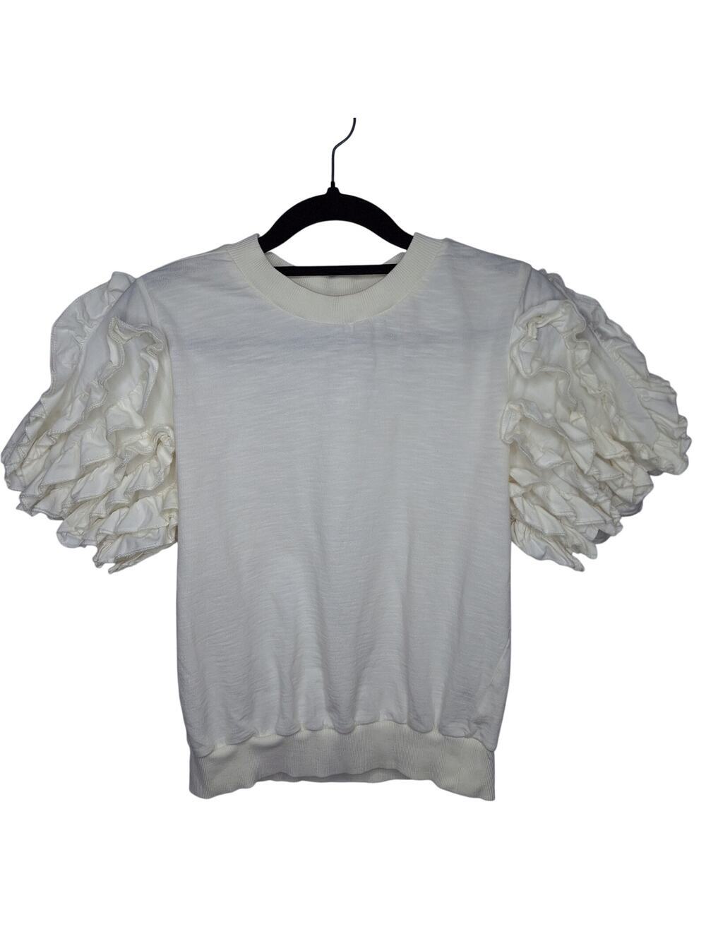 Anthropologie Maeve Ruffle Puff Sleeve Top XS Crewneck Cotton Short Sleeve White